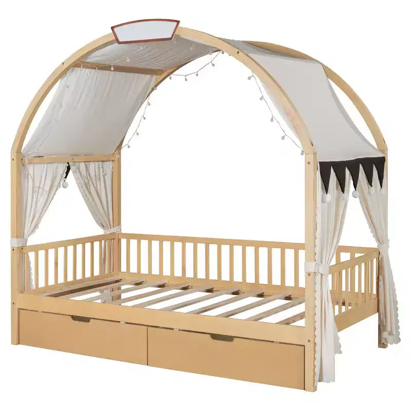Arched Twin Size House Bed with 2 Storage Drawers, Canopy Bed Frame with Lights Strip, Wood Montessori Floor Bed for Kids