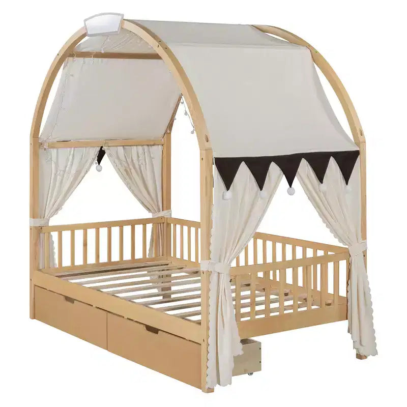 Arched Twin Size House Bed with 2 Storage Drawers, Canopy Bed Frame with Lights Strip, Wood Montessori Floor Bed for Kids