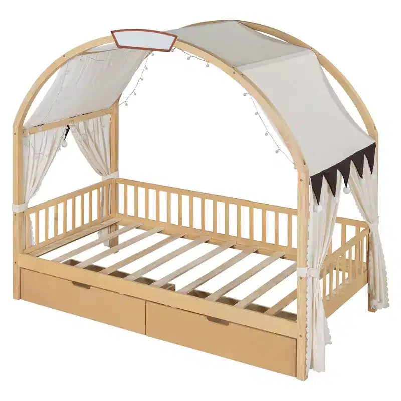 Arched Twin Size House Bed with 2 Storage Drawers, Canopy Bed Frame with Lights Strip, Wood Montessori Floor Bed for Kids