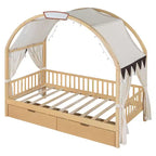 Arched Twin Size House Bed with 2 Storage Drawers, Canopy Bed Frame with Lights Strip, Wood Montessori Floor Bed for Kids