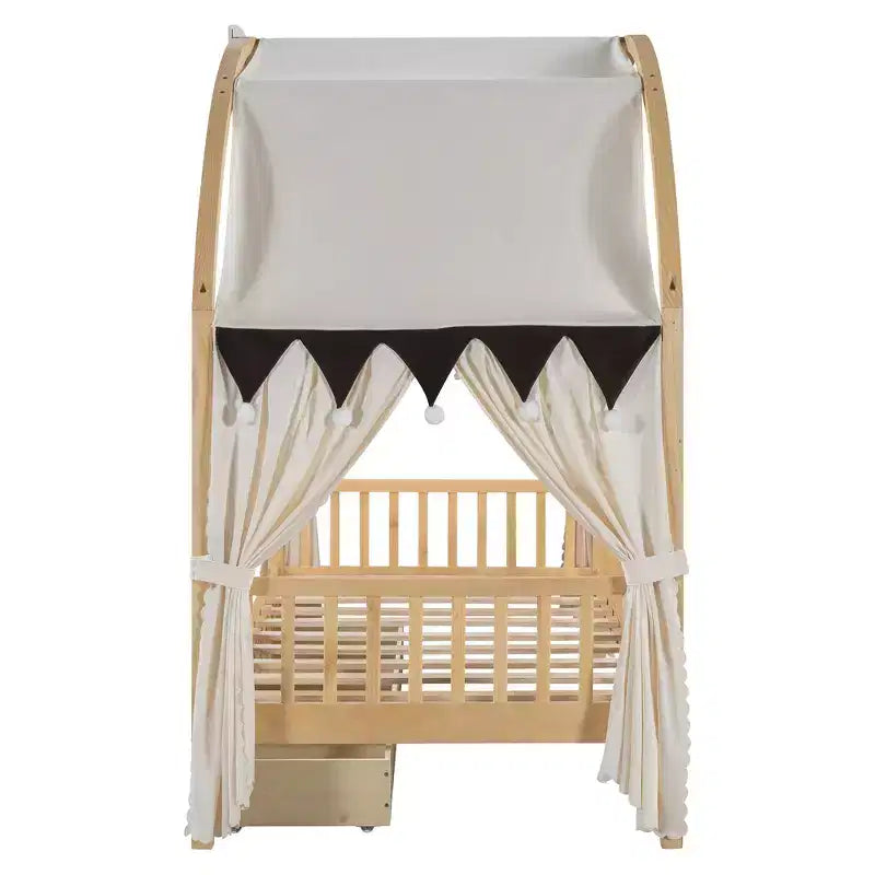 Arched Twin Size House Bed with 2 Storage Drawers, Canopy Bed Frame with Lights Strip, Wood Montessori Floor Bed for Kids