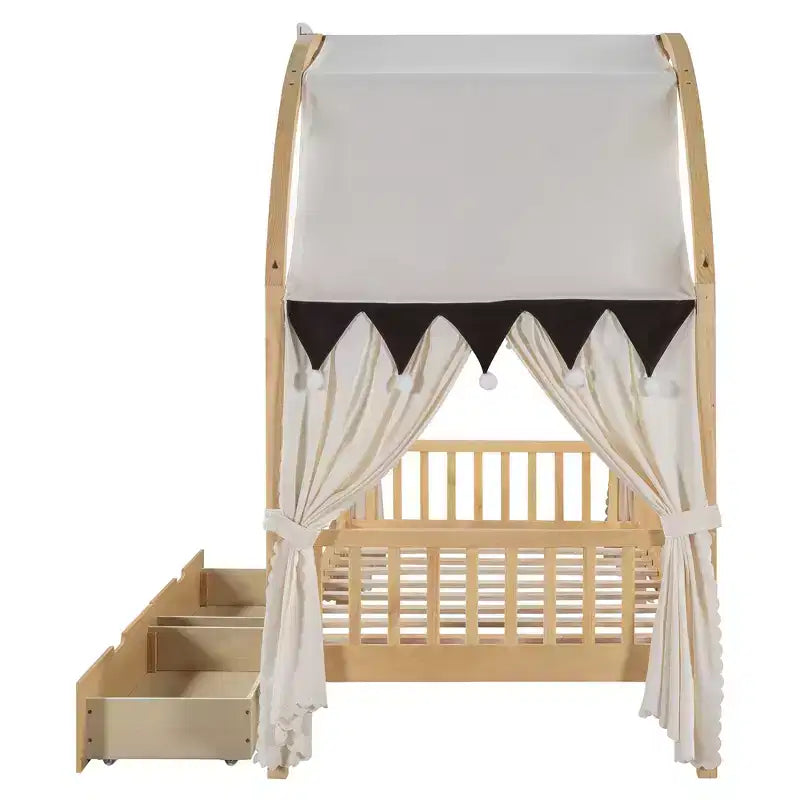 Arched Twin Size House Bed with 2 Storage Drawers, Canopy Bed Frame with Lights Strip, Wood Montessori Floor Bed for Kids