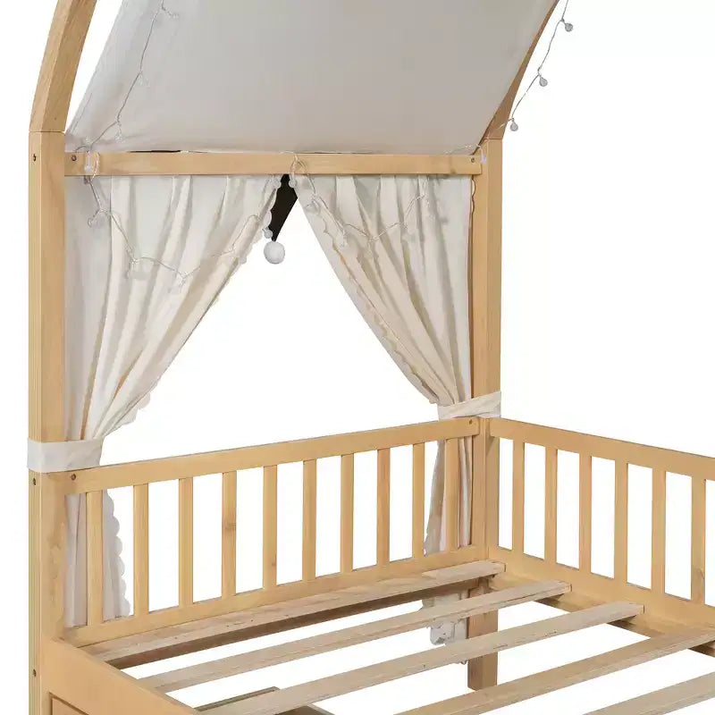 Arched Twin Size House Bed with 2 Storage Drawers, Canopy Bed Frame with Lights Strip, Wood Montessori Floor Bed for Kids