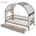 Arched Twin Size House Bed with 2 Storage Drawers, Canopy Bed Frame with Lights Strip, Wood Montessori Floor Bed for Kids