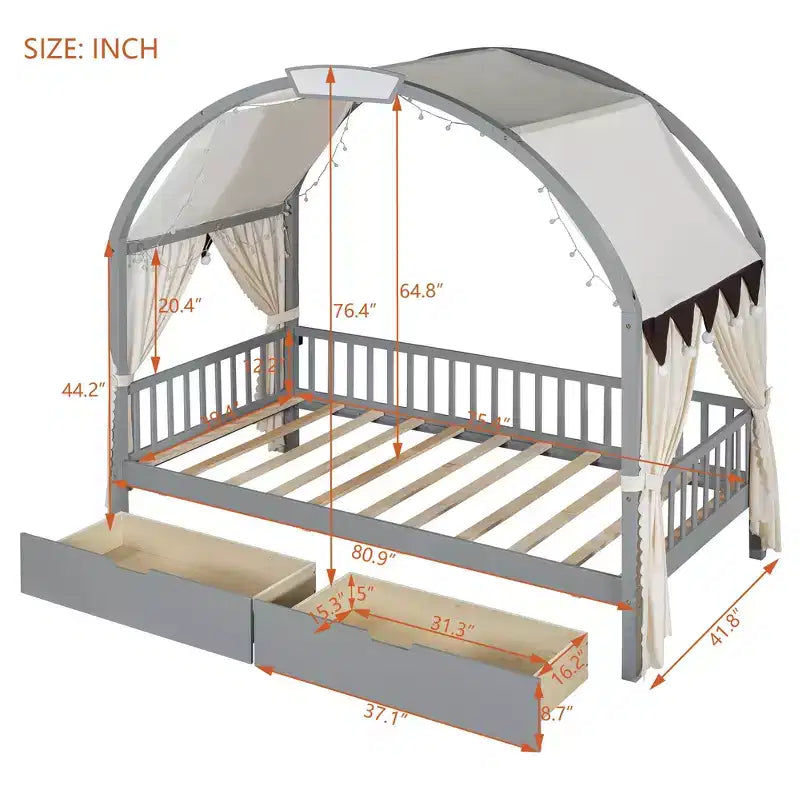 Arched Twin Size House Bed with 2 Storage Drawers, Canopy Bed Frame with Lights Strip, Wood Montessori Floor Bed for Kids