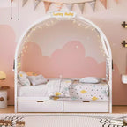 Arched Twin Size House Bed with 2 Storage Drawers, Canopy Bed Frame with Lights Strip, Wood Montessori Floor Bed for Kids