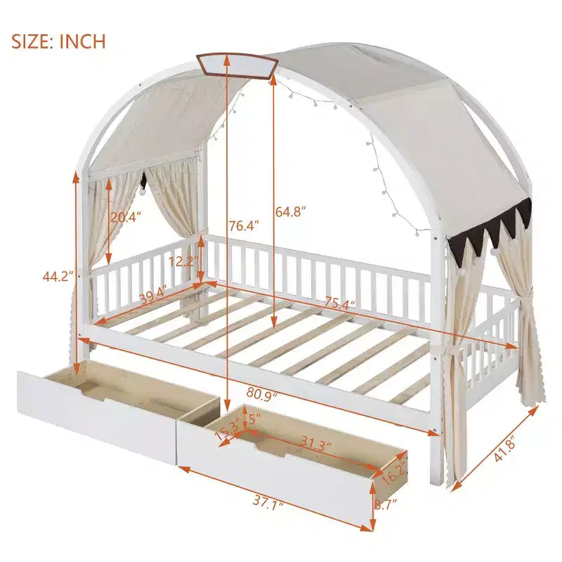 Arched Twin Size House Bed with 2 Storage Drawers, Canopy Bed Frame with Lights Strip, Wood Montessori Floor Bed for Kids