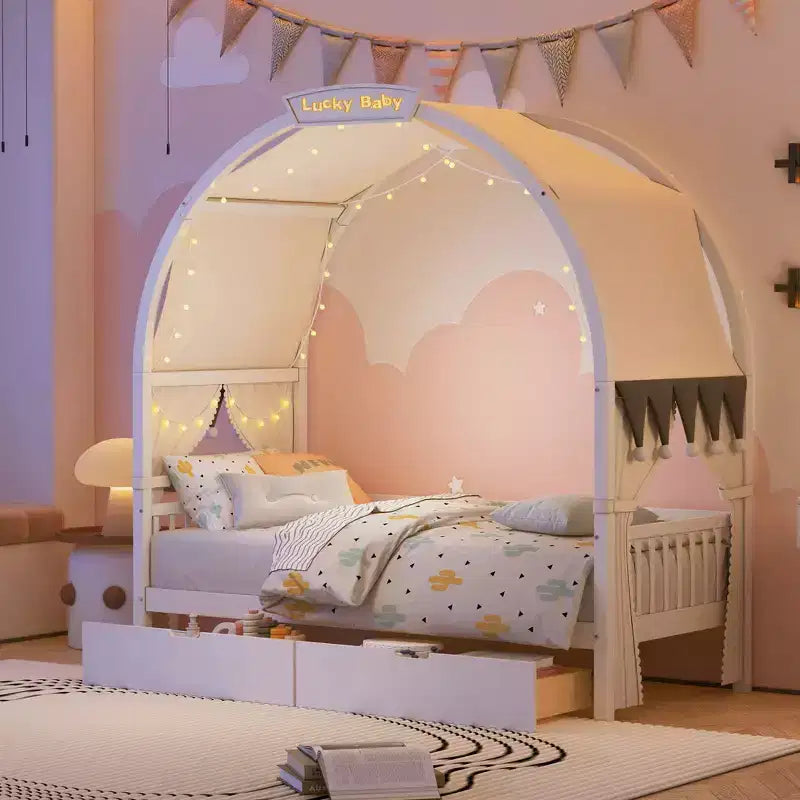 Arched Twin Size House Bed with 2 Storage Drawers, Canopy Bed Frame with Lights Strip, Wood Montessori Floor Bed for Kids