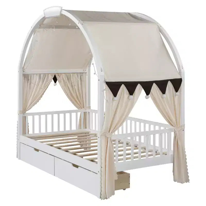 Arched Twin Size House Bed with 2 Storage Drawers, Canopy Bed Frame with Lights Strip, Wood Montessori Floor Bed for Kids