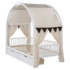 Arched Twin Size House Bed with 2 Storage Drawers, Canopy Bed Frame with Lights Strip, Wood Montessori Floor Bed for Kids