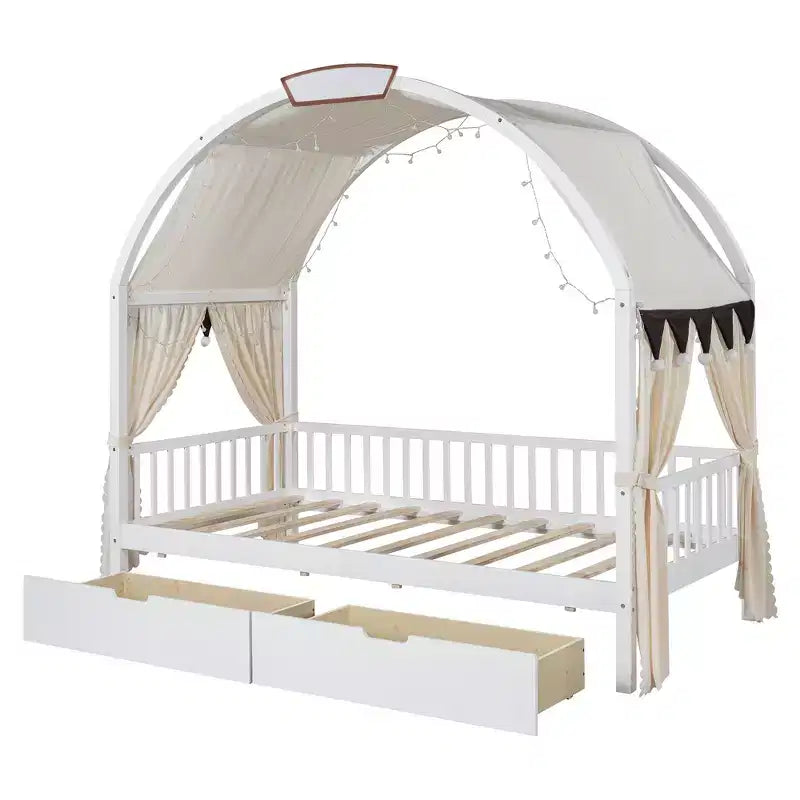 Arched Twin Size House Bed with 2 Storage Drawers, Canopy Bed Frame with Lights Strip, Wood Montessori Floor Bed for Kids