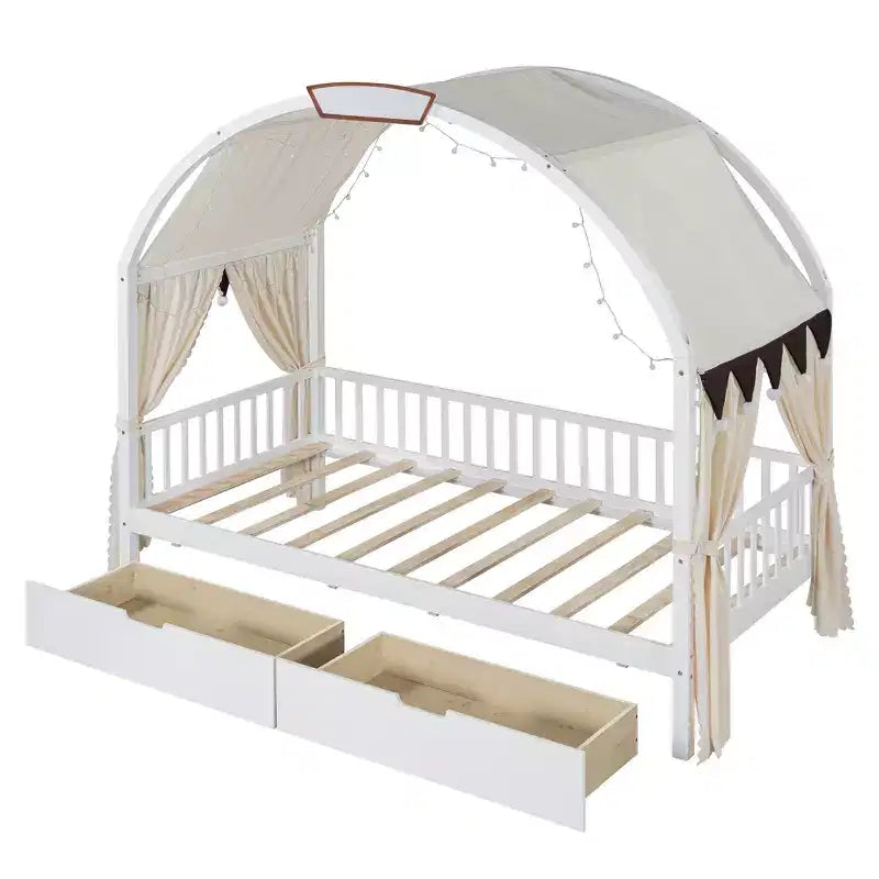 Arched Twin Size House Bed with 2 Storage Drawers, Canopy Bed Frame with Lights Strip, Wood Montessori Floor Bed for Kids