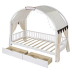 Arched Twin Size House Bed with 2 Storage Drawers, Canopy Bed Frame with Lights Strip, Wood Montessori Floor Bed for Kids