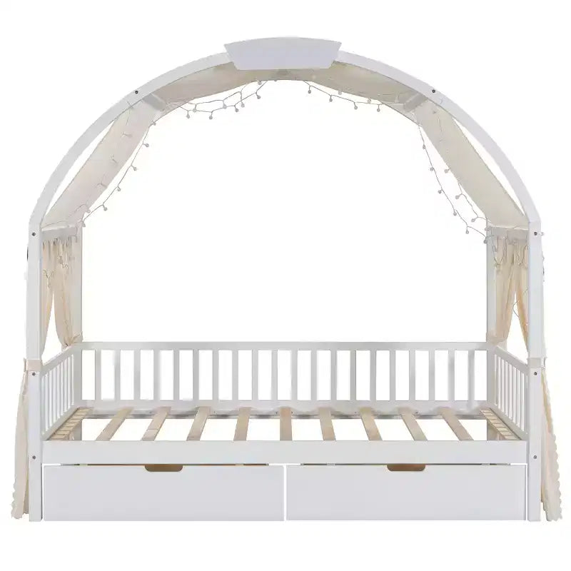 Arched Twin Size House Bed with 2 Storage Drawers, Canopy Bed Frame with Lights Strip, Wood Montessori Floor Bed for Kids