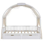 Arched Twin Size House Bed with 2 Storage Drawers, Canopy Bed Frame with Lights Strip, Wood Montessori Floor Bed for Kids