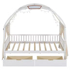 Arched Twin Size House Bed with 2 Storage Drawers, Canopy Bed Frame with Lights Strip, Wood Montessori Floor Bed for Kids