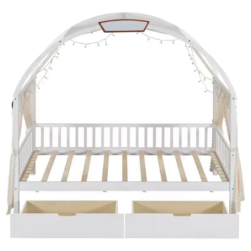 Arched Twin Size House Bed with 2 Storage Drawers, Canopy Bed Frame with Lights Strip, Wood Montessori Floor Bed for Kids