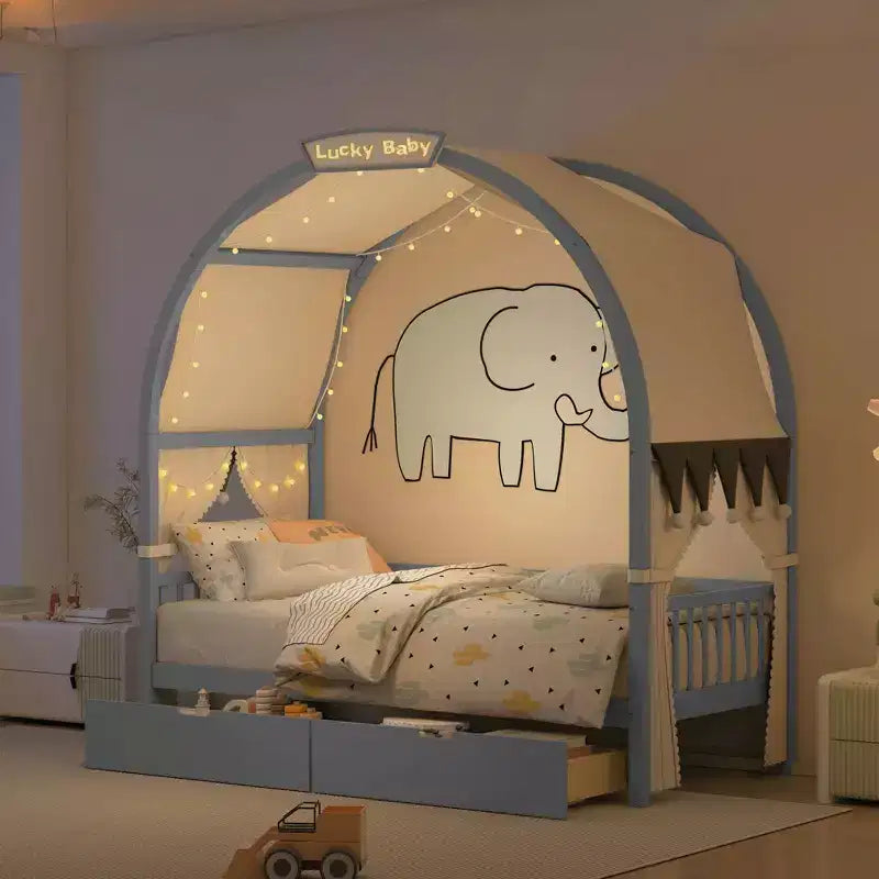 Arched Twin Size House Bed with 2 Storage Drawers, Canopy Bed Frame with Lights Strip, Wood Montessori Floor Bed for Kids