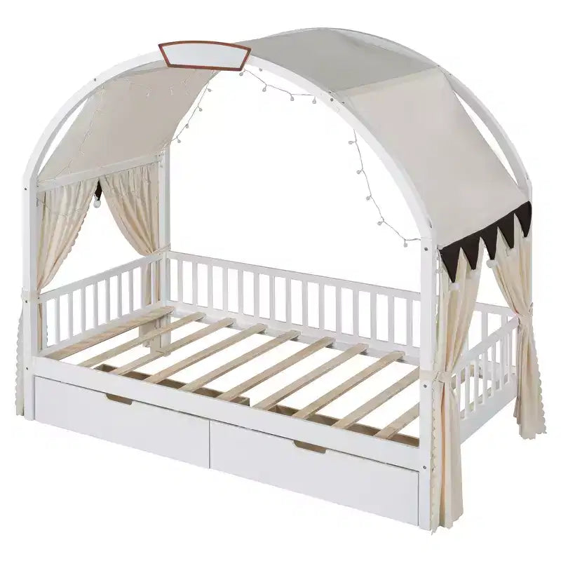 Arched Twin Size House Bed with 2 Storage Drawers, Canopy Bed Frame with Lights Strip, Wood Montessori Floor Bed for Kids