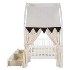 Arched Twin Size House Bed with 2 Storage Drawers, Canopy Bed Frame with Lights Strip, Wood Montessori Floor Bed for Kids