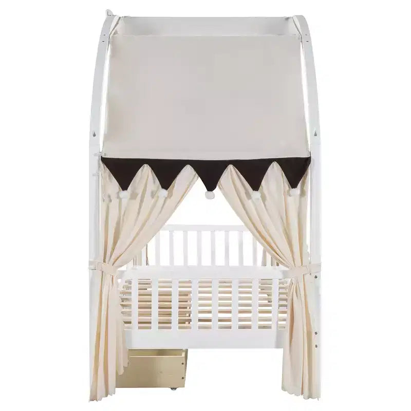 Arched Twin Size House Bed with 2 Storage Drawers, Canopy Bed Frame with Lights Strip, Wood Montessori Floor Bed for Kids