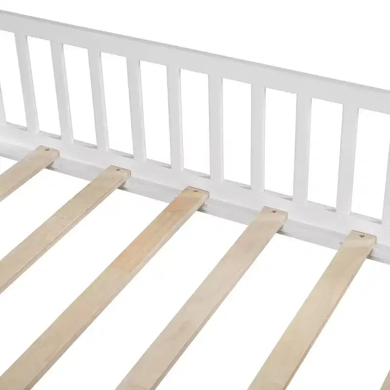 Arched Twin Size House Bed with 2 Storage Drawers, Canopy Bed Frame with Lights Strip, Wood Montessori Floor Bed for Kids