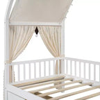 Arched Twin Size House Bed with 2 Storage Drawers, Canopy Bed Frame with Lights Strip, Wood Montessori Floor Bed for Kids
