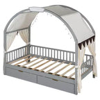 Arched Twin Size House Bed with 2 Storage Drawers, Canopy Bed Frame with Lights Strip, Wood Montessori Floor Bed for Kids