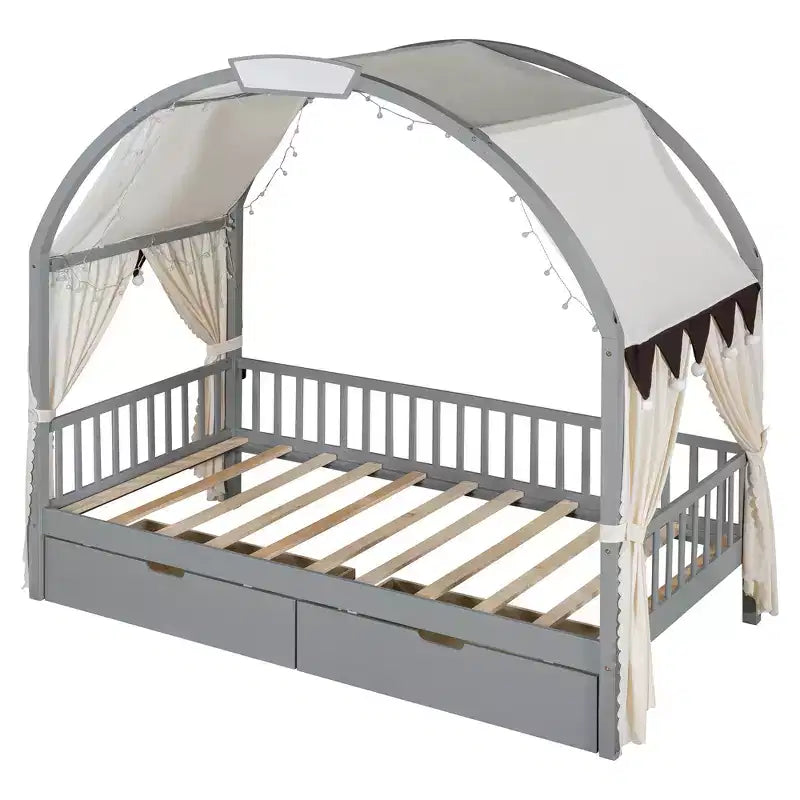 Arched Twin Size House Bed with 2 Storage Drawers, Canopy Bed Frame with Lights Strip, Wood Montessori Floor Bed for Kids