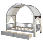 Arched Twin Size House Bed with 2 Storage Drawers, Canopy Bed Frame with Lights Strip, Wood Montessori Floor Bed for Kids