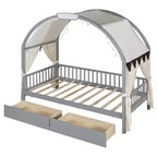 Arched Twin Size House Bed with 2 Storage Drawers, Canopy Bed Frame with Lights Strip, Wood Montessori Floor Bed for Kids