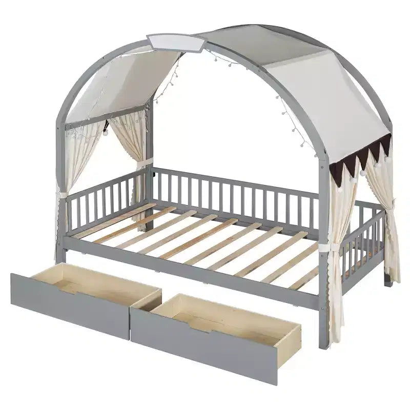 Arched Twin Size House Bed with 2 Storage Drawers, Canopy Bed Frame with Lights Strip, Wood Montessori Floor Bed for Kids
