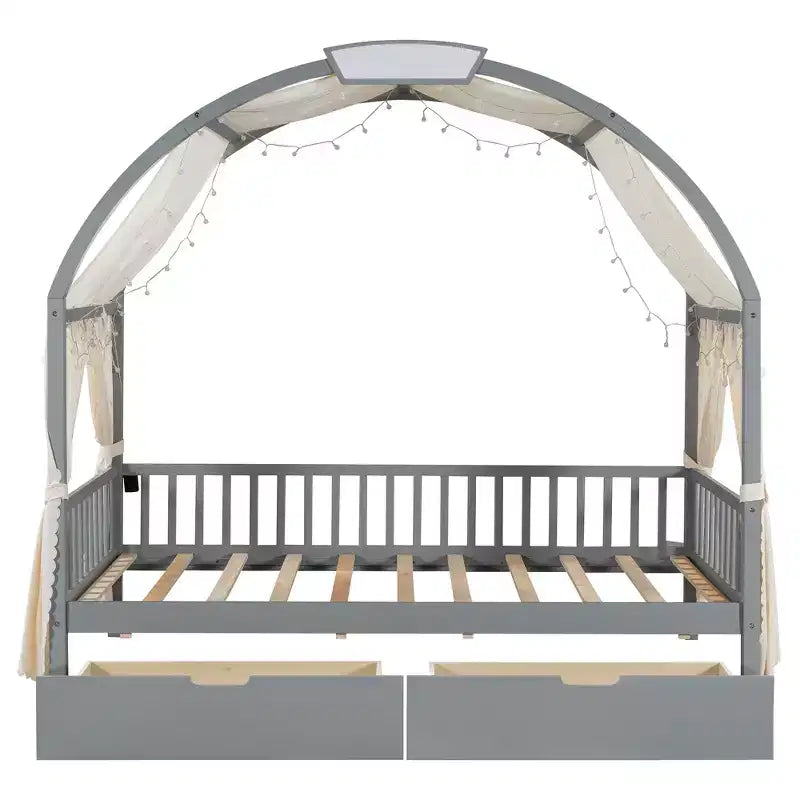 Arched Twin Size House Bed with 2 Storage Drawers, Canopy Bed Frame with Lights Strip, Wood Montessori Floor Bed for Kids
