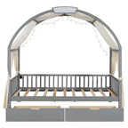 Arched Twin Size House Bed with 2 Storage Drawers, Canopy Bed Frame with Lights Strip, Wood Montessori Floor Bed for Kids