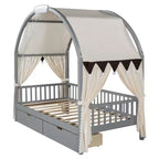 Arched Twin Size House Bed with 2 Storage Drawers, Canopy Bed Frame with Lights Strip, Wood Montessori Floor Bed for Kids