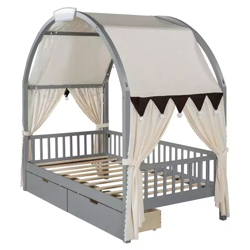Arched Twin Size House Bed with 2 Storage Drawers, Canopy Bed Frame with Lights Strip, Wood Montessori Floor Bed for Kids