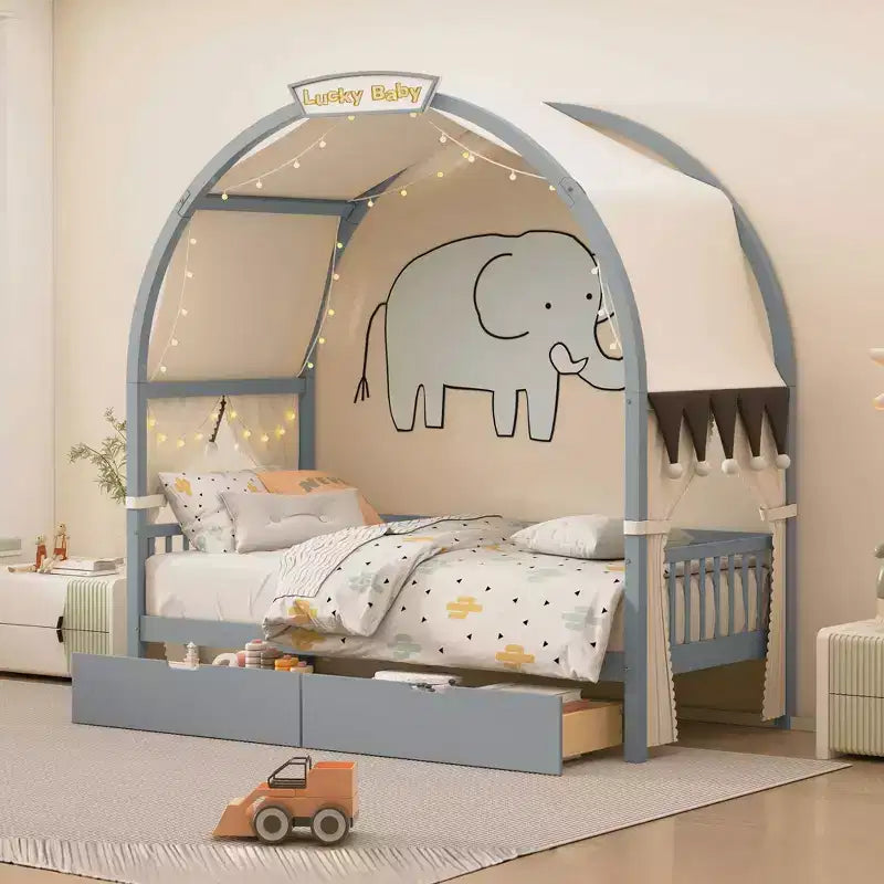 Arched Twin Size House Bed with 2 Storage Drawers, Canopy Bed Frame with Lights Strip, Wood Montessori Floor Bed for Kids