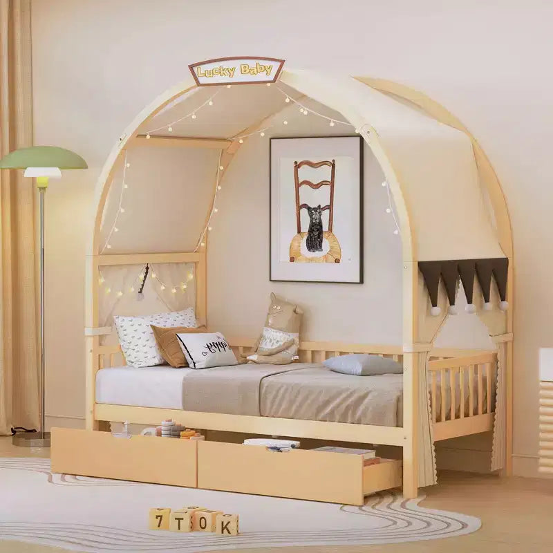 Arched Twin Size House Bed with 2 Storage Drawers, Canopy Bed Frame with Lights Strip, Wood Montessori Floor Bed for Kids