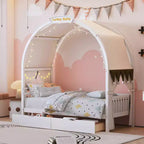 Arched Twin Size House Bed with 2 Storage Drawers, Canopy Bed Frame with Lights Strip, Wood Montessori Floor Bed for Kids