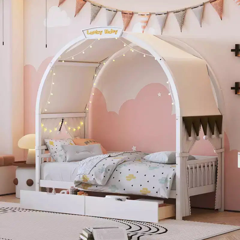 Arched Twin Size House Bed with 2 Storage Drawers, Canopy Bed Frame with Lights Strip, Wood Montessori Floor Bed for Kids