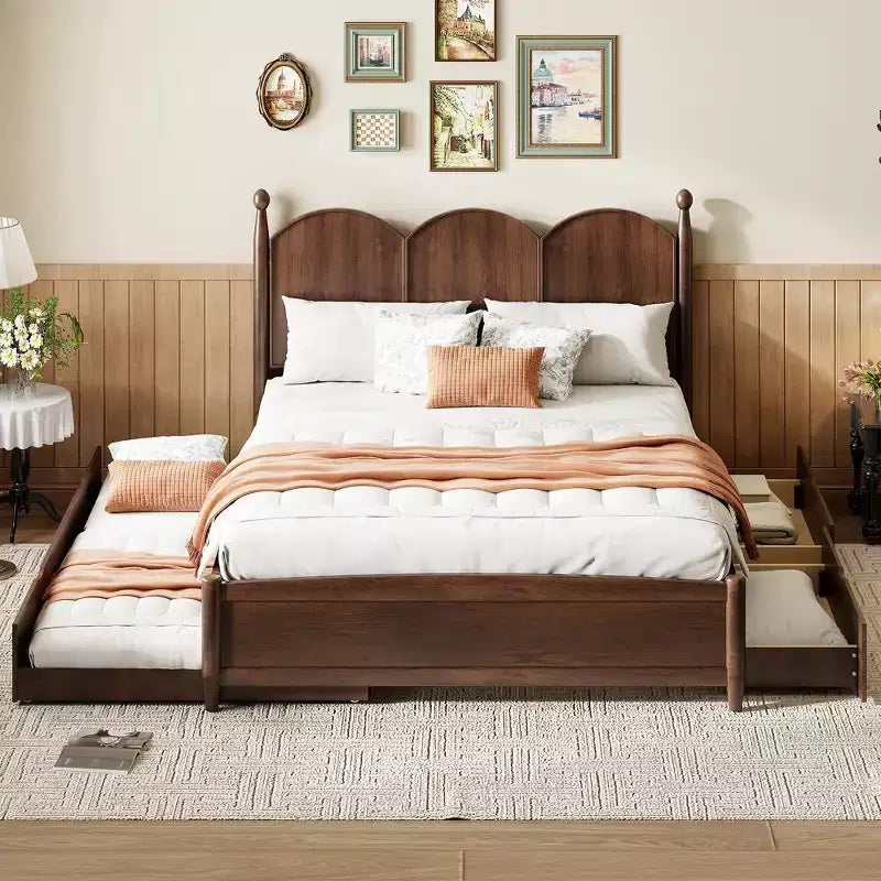 Queen Storage Bed with Twin XL Trundle, Wood Queen Size Platform Bed with 2 Storage Drawers