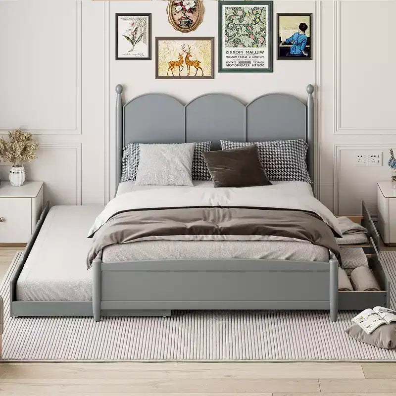Queen Storage Bed with Twin XL Trundle, Wood Queen Size Platform Bed with 2 Storage Drawers
