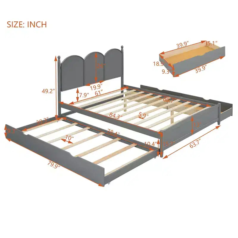Queen Storage Bed with Twin XL Trundle, Wood Queen Size Platform Bed with 2 Storage Drawers