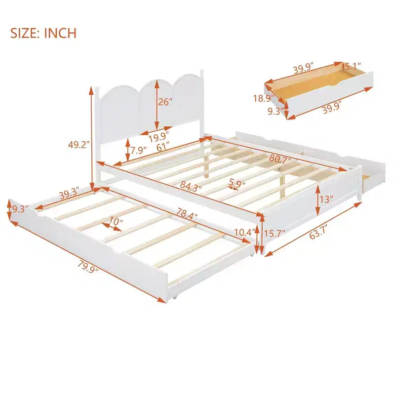 Queen Storage Bed with Twin XL Trundle, Wood Queen Size Platform Bed with 2 Storage Drawers
