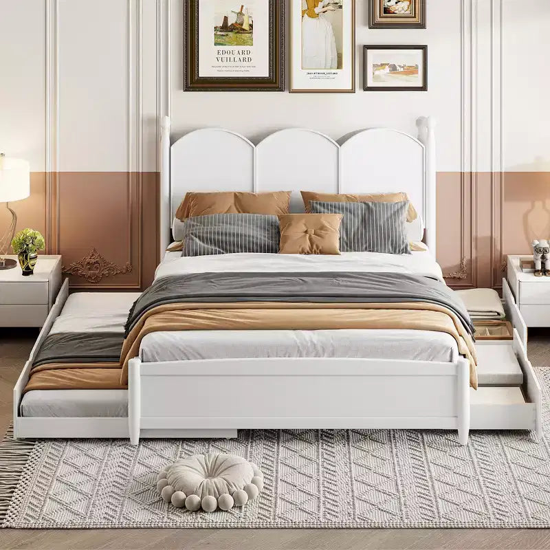 Queen Storage Bed with Twin XL Trundle, Wood Queen Size Platform Bed with 2 Storage Drawers