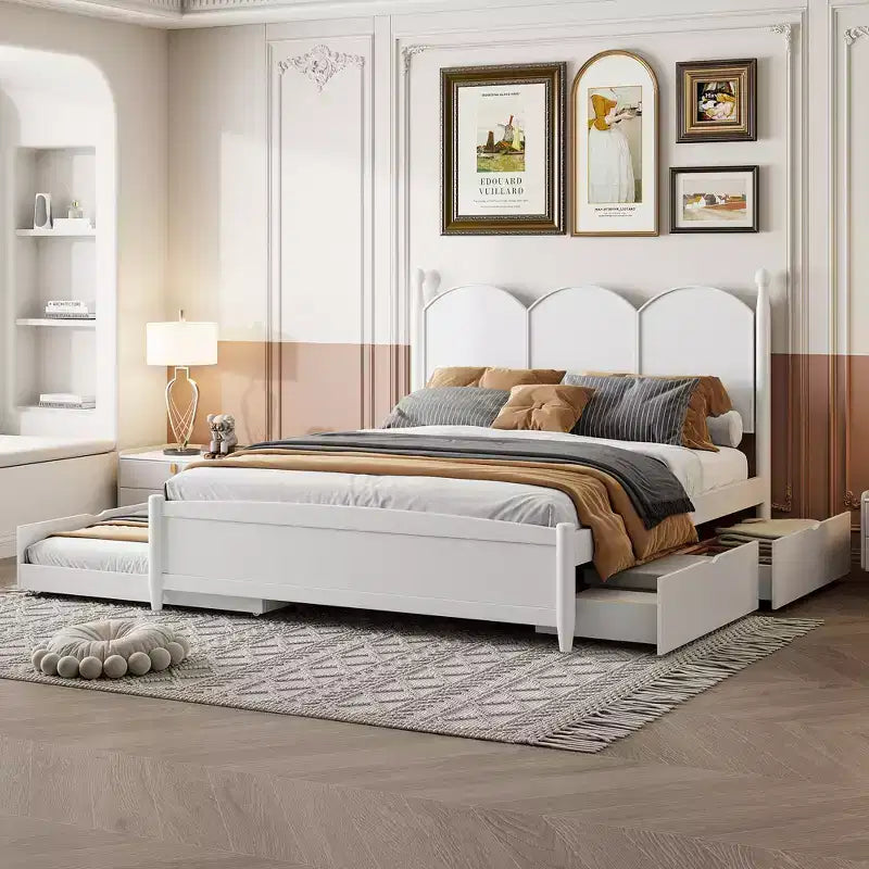 Queen Storage Bed with Twin XL Trundle, Wood Queen Size Platform Bed with 2 Storage Drawers
