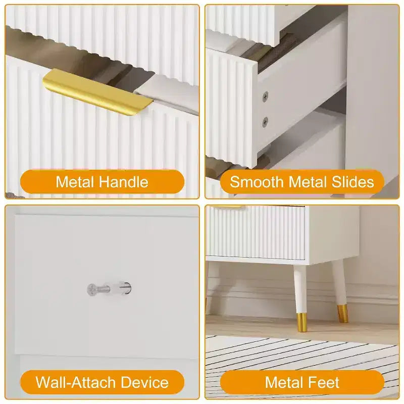 Commode à cinq tiroirs avec poignées et pieds en métal, idéale pour la chambre, le salon, le couloir et l'entrée.