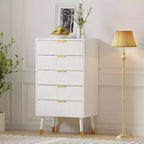 Commode à cinq tiroirs avec poignées et pieds en métal, idéale pour la chambre, le salon, le couloir et l'entrée.