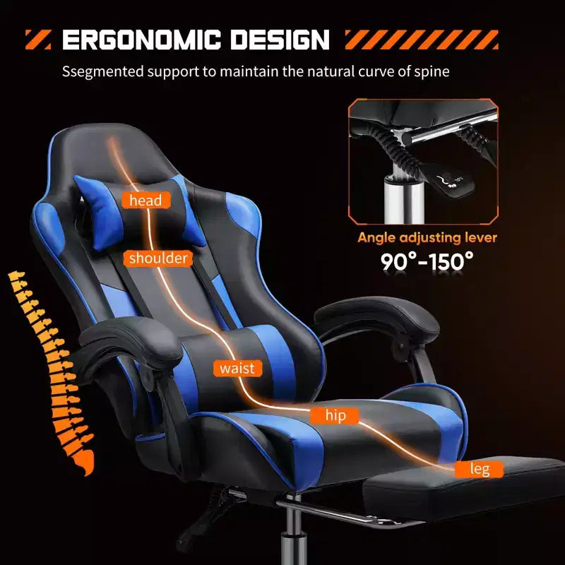 MAYEERTY Gaming Chair Video Game Desk Chair Ergonomic Computer with Footrest Comfy Lumbar Support PU Leather Recliner with Headrest Fixed Up Armrest