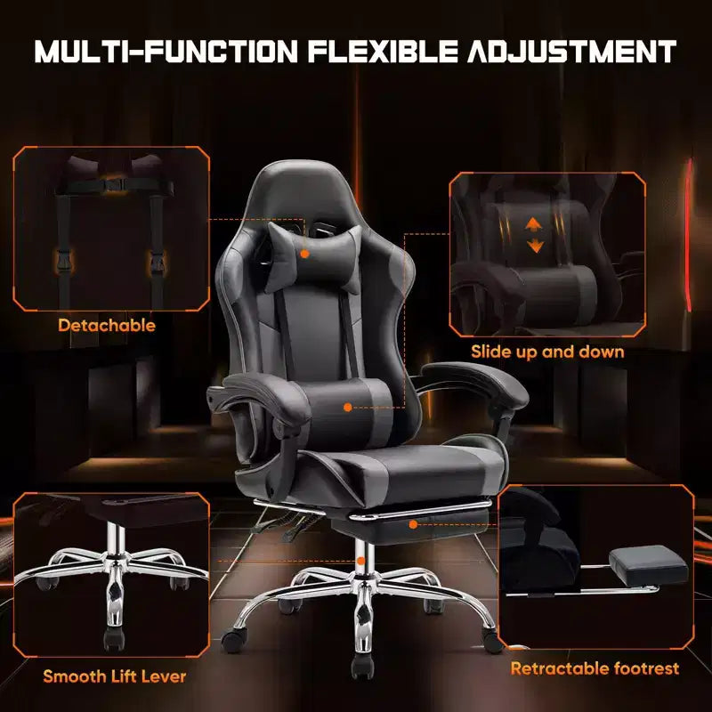 MAYEERTY Gaming Chair Video Game Desk Chair Ergonomic Computer with Footrest Comfy Lumbar Support PU Leather Recliner with Headrest Fixed Up Armrest